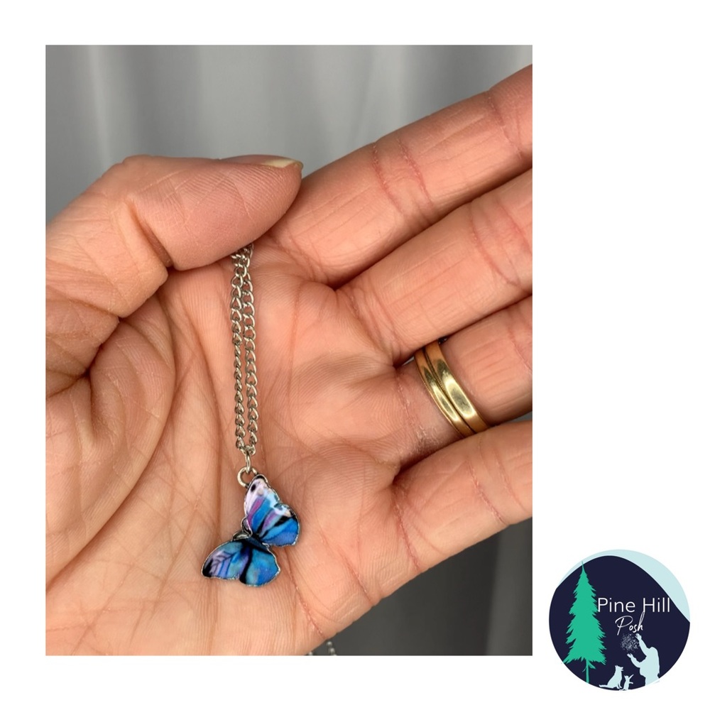 NEW Butterfly Necklace Charm Pendant Blue Purple Black 17.32” Silver Tone Chain